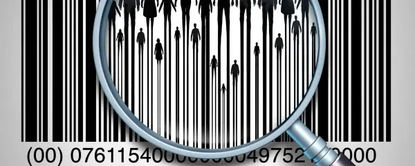 barcode with magnifying glass showing people