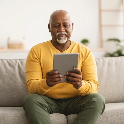 Older Man On Tablet Yellow Jumper Web