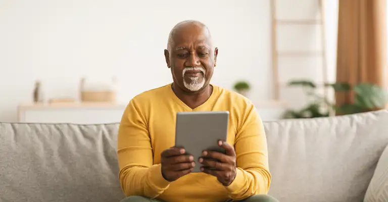 Older Man On Tablet Yellow Jumper Web